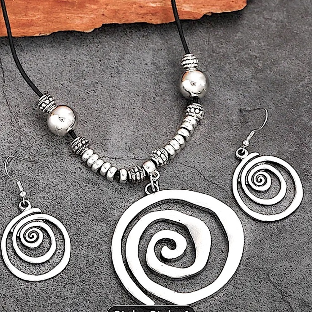 Boho Geometric Spiral Necklace Earrings Set - Picture 4 of 5